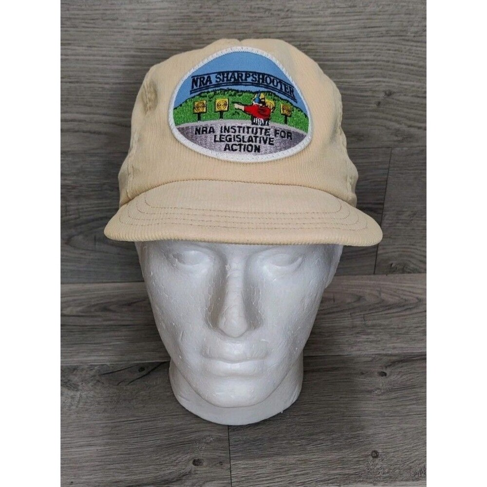 ​Vintage NRA Sharpshooter Corduroy Snapback Hat Made USA Tan Trucker Cap